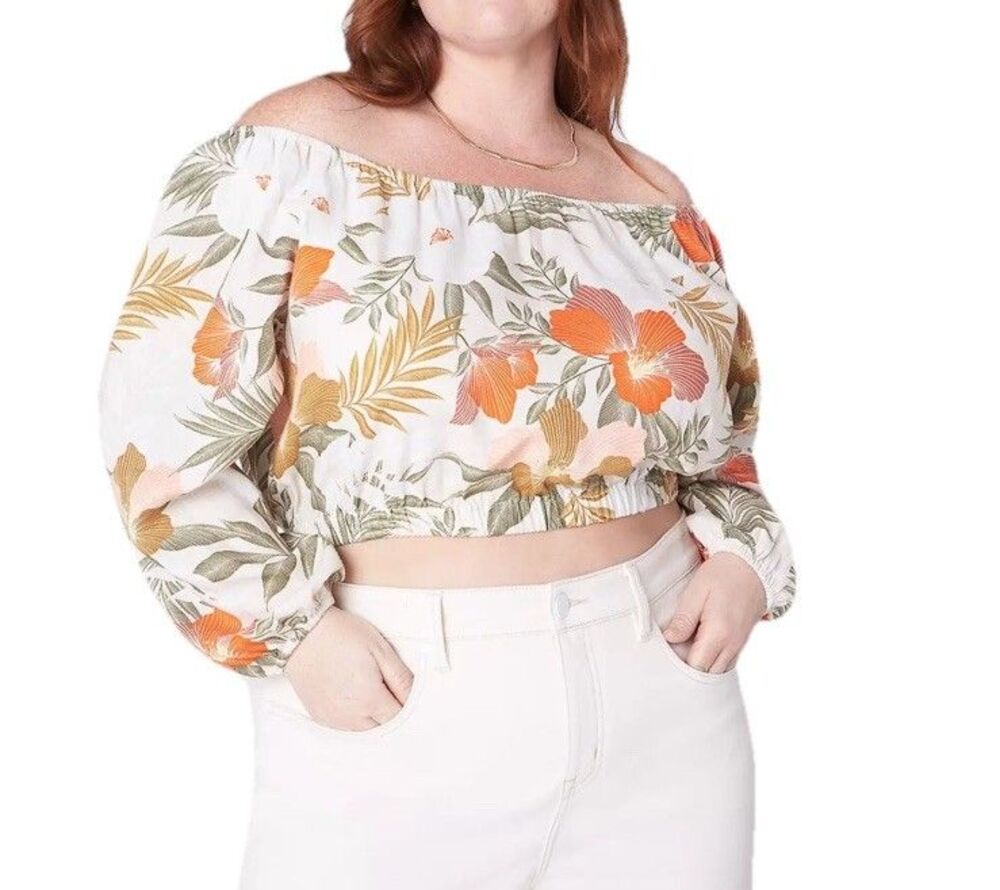 Lane Bryant Linen Blend Tropical Off-The-Shoulder Top Cropped Size 22/24 Hawaii